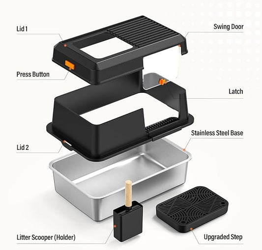 Removable Stainless Steel Cat Litter Box with lid, Side & Top Entry Kitty LitterBox,Cat Litter Box Enclosure, XL Extra Large High-Sided Metal Cat Box with Scoop, Footboard (Black)