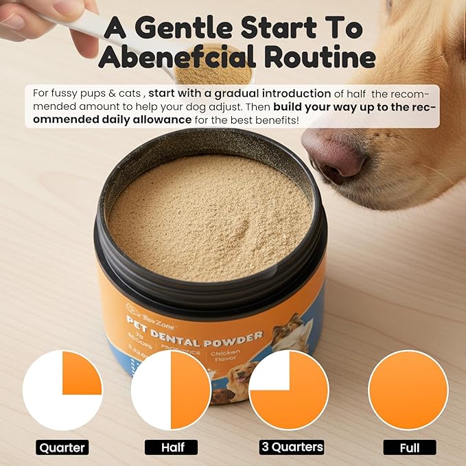 Dog Teeth Cleaning Powder - Plaque & Tartar Control, Breath Fresheners with Natural Seaweed, Probiotics, Vitamins, Turmeric & Enzymes for All Dogs & Cats (Chicken Flavor, 75 Scoops)