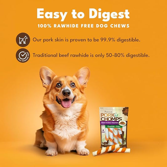 Pork Chomps Baked Pork Skin Dog Chews, 6 Inch Twists, 4 Count - Sweet Potato Wrap - Long-Lasting Treats for Dogs - High Protein, Rawhide-Free, Low Fat, Healthy & Delicious Chews