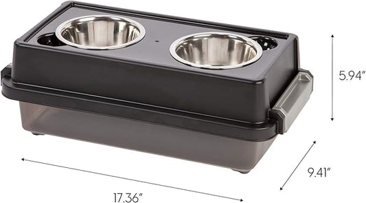 IRIS USA Elevated Dog Bowls with Storage, 6" H Raised Feeding Station, Dog Bowl Stand with Airtight Food Storage Holds 5 lbs, 4 Removable 16 oz Stainless Steel Food and Water Bowls, Smoke/Black