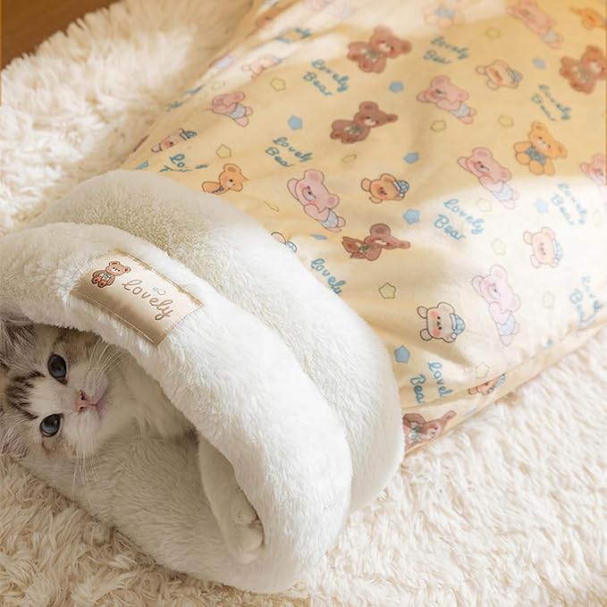 Cat Sleeping Bag, Cat Sleeping Bag for Indoor Cats Self Heating Cozy Winter Soft Plush Self Warm Kittens Indoor Sack 360°Wrap Comfortable Pet Snuggle Sack for Cats up to 8kg/17.6lb (Brown Bear)