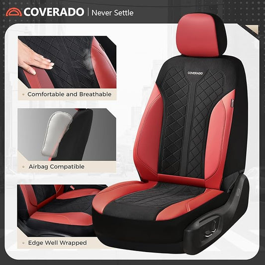 Coverado Car Seat Covers for Front Seats, Waterproof Automotive Seat Protectors 2-Pack, Leather & Mesh Driver Protectors Universal Fit for SUVs, Trucks, Sedans