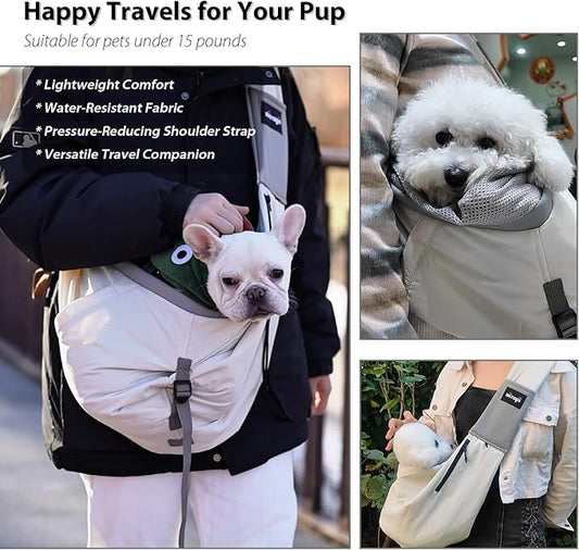 NATUYA Dog Sling Carrier for Small Dogs, Lightweight Cozy Puppy Carrier with Zip Pockets Adjust Strap, Size Adjustable, Double Safety, Hands-Free Travel Carrier for Pet Under 15lbs
