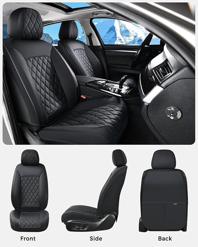 Huidasource Front Seat Covers, Car Seat Covers Front Seats Nappa Leather, Side Elastic Fabric, Compatible with Airbags, Seat Belts, Universal Fit for Most Cars, Vans, Trucks, SUV (Front Pair/Black)