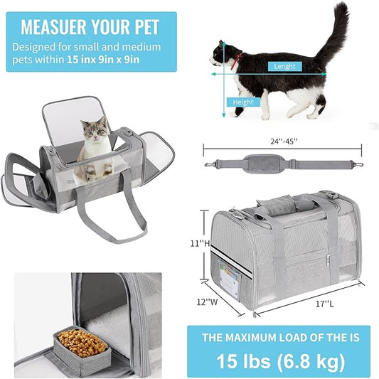 Soft Sided Cat Carrier for Small Cats Puppies up to 15 Lbs, Airline Approved Pet Carrier Collapsible Travel Puppy Carrier with Reflective Strip, Grey