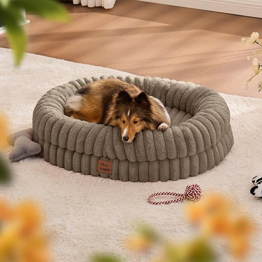 ChiXnuggle Dog Bed Medium Sized Dog - Luxury Striped Faux Fur Waterproof Dog Couch with Removable Washable Cover, Orthopedic Dog Bed with Bolster Sides for Sleeping, Taupe