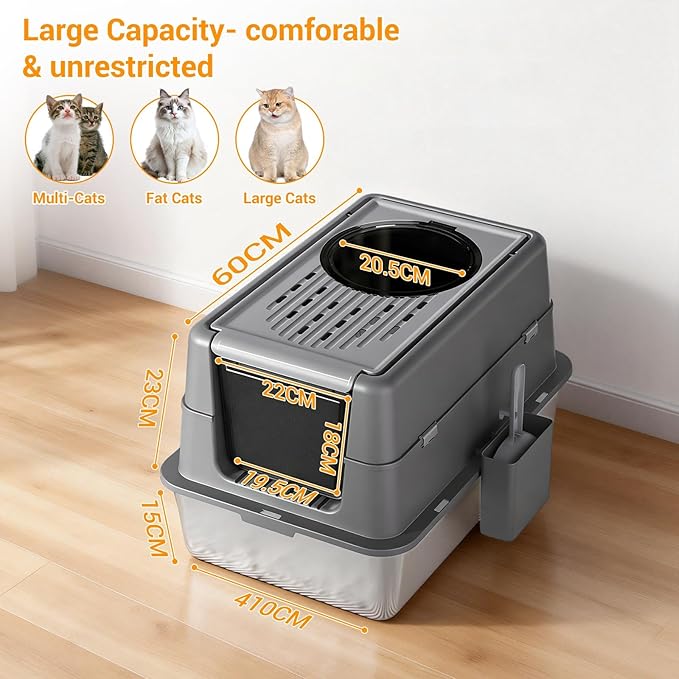 23.62" Large Stainless Steel Litter Box for Large Cats, Enclosed Cat Litter Pan with 180° Flip-Top Lid, Dual Entry Front Door & Top Entrance, Easy Clean Odor Control for Multi-Cat