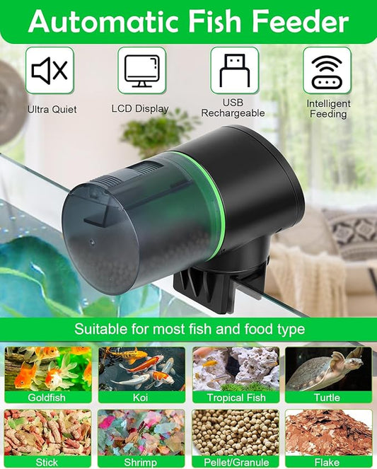 Automatic Fish Feeder for Aquarium - Auto Fish Food Dispenser Rechargeable for Small Large Tank with USB Charger Cable,12/24/48H Interval Esay Set Up (Black, CY-019)