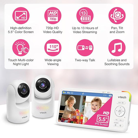 VTech Advanced HD Twin Baby Monitor – 2 Cameras, 5.5" IPS Screen, Pan-Tilt-Zoom, No WiFi, Night Vision, 2-Way Talk, Lullabies, Soothing Sounds