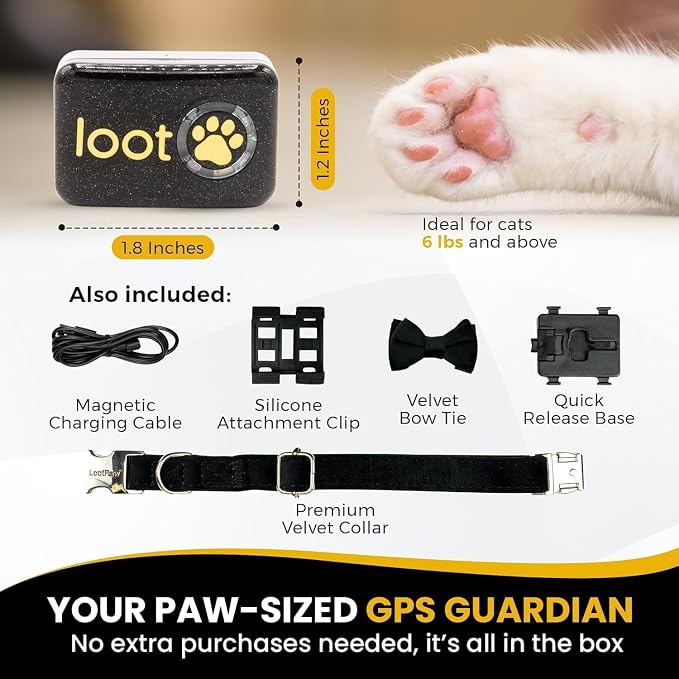 LootPaw+ GPS Cat Tracker Collar | Real Time Cat GPS Tracker with App & Vet Support | Lightweight Pet Tracker for Cats, Health & Activity Monitor | 60-Day Free Trial