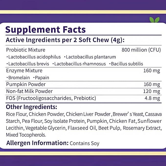 Probiotics for Dogs - 800M CFU Dog Probiotic Chews with Digestive Enzymes & Pumpkin | Seasonal Allergy, Itchy Skin & Immune Support for All Breeds - 90 Soft Chews, Chicken Flavor