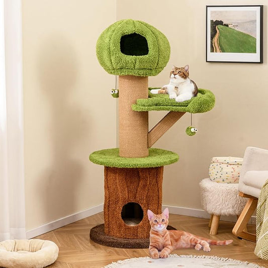 PETSITE 58 Inch Forest-Themed Cat Tree, Multi-Level Cat Tower with 2 Cute Condos, Plush Perch, Teasing Balls, Sisal Posts, Hidden Cave, and Removable Cushions, Modern Cute Cat Tree for Indoor Cats