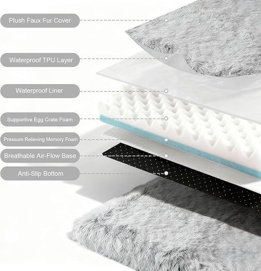 Orthopedic Dog Bed for Medium Dogs, Dual-Layer Memory & Egg-Crate Foam, Washable Warm Winter Plush Cover, Waterproof Liner, Non-Slip Bottom, Crate/Kennel Pad, 35 x 22 Inch, Gray