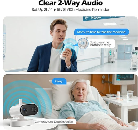Elderly Monitor with Camera and Audio, Two-Way Talk Baby Monitors for Elderly Care, Call Button, Med Reminder Camera for Elderly Monitoring, for Seniors, Dementia Patients (No WiFi)
