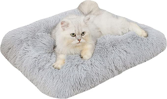 Liveinu Long Plush Calming Pet Bed Cuddler Pet Bed for Dogs and Cats Fluffy Faux Fur Dog Bed with Anti Slip Bottom Machine Washable Pet Sleep Bed Crate Mat Light Grey M