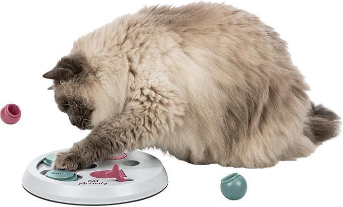 Trixie Cat Activity Flip Board โ 4-Module Treat Puzzle Enrichment Toy for Mental Stimulation & Slow Feeding โ Interactive Cat Toy for Indoor Cats โ Berry/Gray, 9 x 9 x 2.5 in