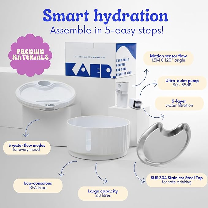 KAER Wireless Cat Water Fountain, 2.8L, Battery Operated, BPA-Free, Stainless Steel, Ultra-Quiet Pet Fountain with 3 Water Flows & Smart Motion Sensor, Aesthetic Bowl, 5-Layer Filtration, 4000mAh