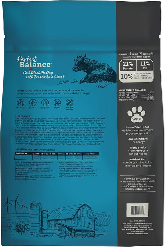 Muenster Perfect Balance Raw Pork Kibble Mix with Freeze Dried Beef for Dogs - High Protein, No Corn, Wheat, or Soy - Probiotic Dog Food Raw Treats for Healthy Gut - All Life Stages, 3.5 lb Bag