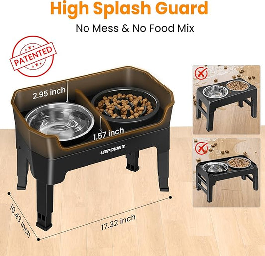 URPOWER 3-in-1 Elevated Dog Bowls - Mess Proof Double Deck 4 Height Adjustable Raised Stand with 2 Stainless Steel Food Bowls & Licking Plate for Small, Medium & Large Dogs