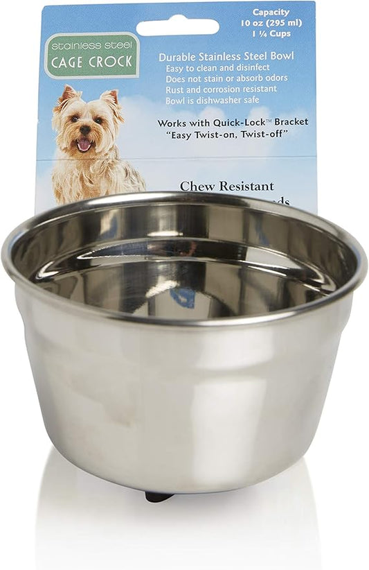 Lixit® Stainless Steel Kennel Food or Water Bowl - Non Spill Hanging Removable Crate Bowls - Carrier Cage Dish for Dogs or Cats for Feeding and Drinking (Stainless Steel, 10 Ounce (Pack of 2))
