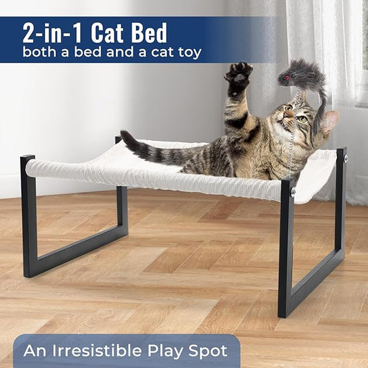 Elevated Cat Bed with 360° View - Rust-Proof Metal Frame, Removable Machine Washable Mattress (Thin), Includes Cat Toy - Easy Assembly