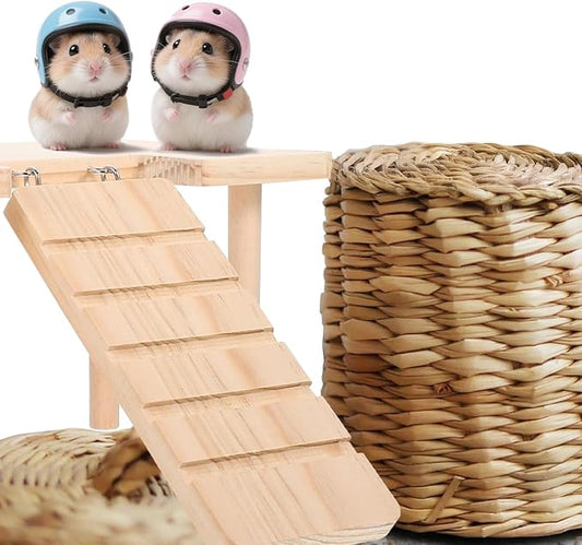 2-in-1 Wooden Hamster PlatformClimbing Stairs for Food Bowl Water Bottle Hamster Cage Accessories Dwarf Syrian Hamsters Gerbils Mice or Other Small Pets(Ladder - Middle)