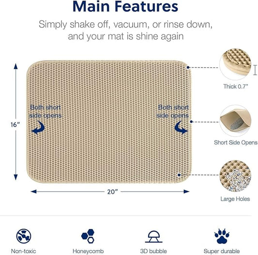 WePet Cat Litter Mat, Kitty Litter Trapping Mat - Medium Size, Honeycomb Double Layer Mats, No Phthalate, Urine Waterproof, Easy Clean, Scatter Control, Catcher Litter Box Rug Carpet 24x15 Inch Beige