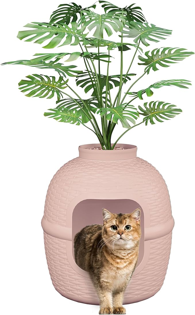 Cat Litter Box, Hidden Litter Box with Faux Plant, Heavy Duty Litterbox Enclosure Furniture with Rattan Pattern, PP Cat Box Enclosure Furniture for Living Room, Bedroom, Pink