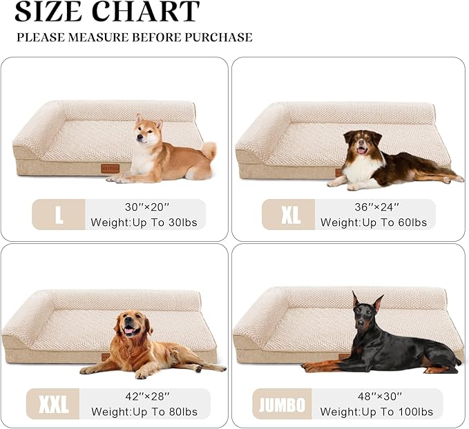 Orthopedic XL Dog Bed Large Sized Dog 42''X28'', Waterproof L Bolster Egg Crate Foam Big Pet Crate Beds with Washable Removable Cover, Non-Slip Soft Pet Couch Sleep Mat, Ivory