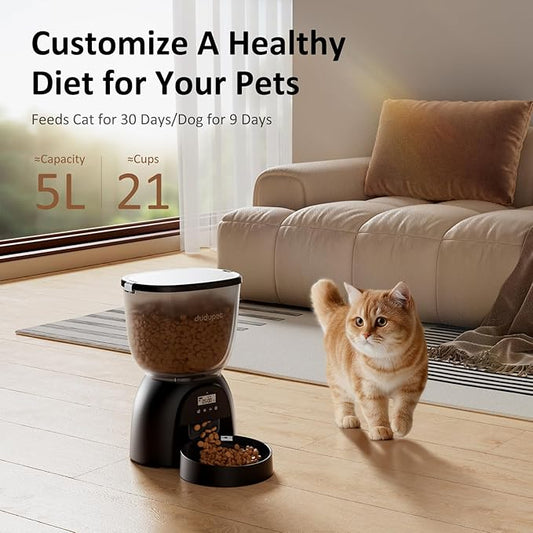 Automatic Cat Feeder, 5L/21 Cup Timed Cat Dry Food Dispenser, Automatic Pet Feeders Dual Power Supply, 6 Meal Programmable 1-20 Portion Cats Feeder, Auto Dog Feeders, Pet Food Dispenser for Cats,Puppy