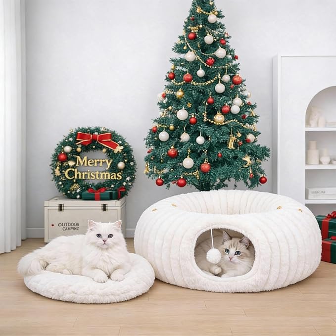 Dogpals Ultra-Soft Cat Tunnel Bed - Soft Washable Cushion, Peekaboo Hideaway Cave for Indoor Cats, Kittens, Puppies, and Rabbits - Deluxe Upgraded with Luxurious Striped Hare-Feel Fabric (White)