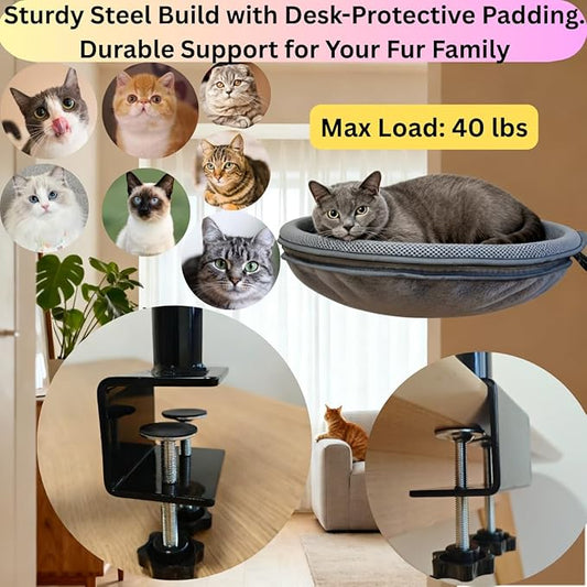 Cat Desk Bed, Adjustable & Rotating 360° Cat Desk Hammock, Dual-Side Elevated Pet Desk Bed w/Toy Mouse for Computer Desks, Island/Coffee Tables, Weight Capacity 33 LBS