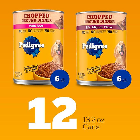 Pedigree Chopped Ground Dinner Wet Dog Food Filet Mignon & Beef Variety Pack, Canned Dog Food, 13.2 oz. Cans, 12 Count