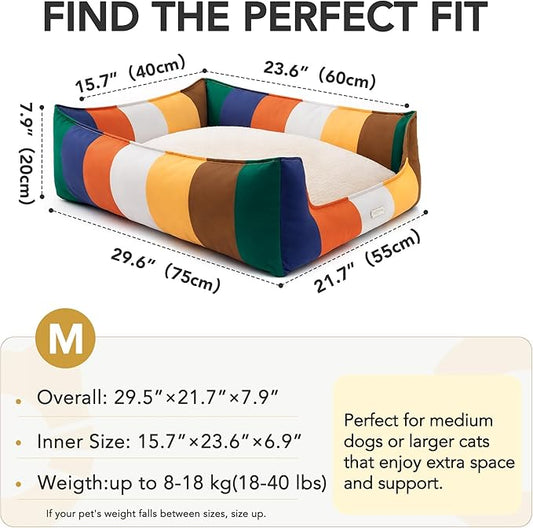 PETNOVO Large Dog Bed with Washable Removable Cover, Reversible All-Season Cushion, Non-Slip Base, Rainbow Pattern, Eco Gift Box, 29.5 × 21.7 × 7.9 in