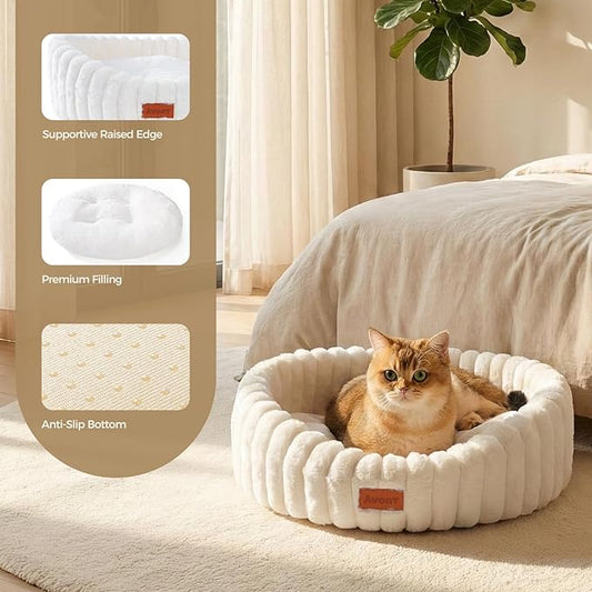 Avont Fluffy Cat Bed for Indoor Cats, Cozy Plush Sleeping Nest for All Sleep Styles, Washable Removable Cushion & Anti-Slip Base, Calming Round Bed for Kittens & Small Dogs – Cream(M)