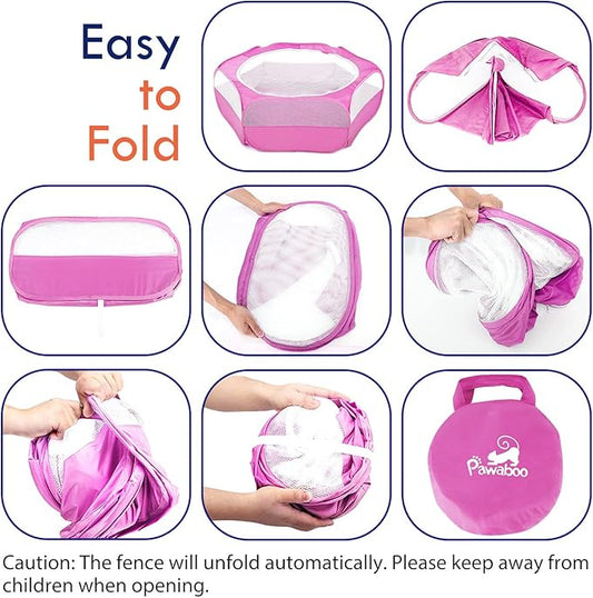Pawaboo Small Animals Playpen, Waterproof Small Pet Cage Tent with Zippered Cover, Portable Outdoor Yard Fence with 3 Metal Rod for Chick/Kitten/Puppy/Guinea Pig/Rabbits/Hamster/Chinchillas,Magenta