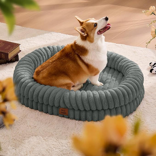 ChiXnuggle Dog Bed Large Sized Dog - Luxury Striped Faux Fur Waterproof Pet Couch with Removable Washable Cover, Orthopedic Pet Bed with Bolster Sides for Sleeping, Grey