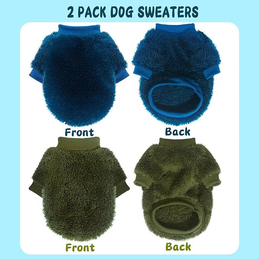 2 Pieces Fleece Dog Sweaters for Small Dogs Boy Cute Warm Small Dog Clothes Male Puppy Chihuahua Cat, Blue, Dark Green, XXS