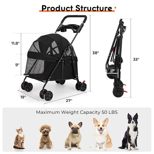 Foldable Pet Stroller for Small/Medium Pets up to 22 lbs - Lightweight 4-Wheel Design with Sun Canopy, Storage Bag & Breathable Mesh(Black