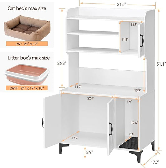 GarveeLife Cat Litter Box Enclosure with Shelves, Litter Box Cabinet, Hidden Cat Box Furniture with Scratching Mat, Wood Sturdy Cat Washroom Storage, Indoor Cat House, White