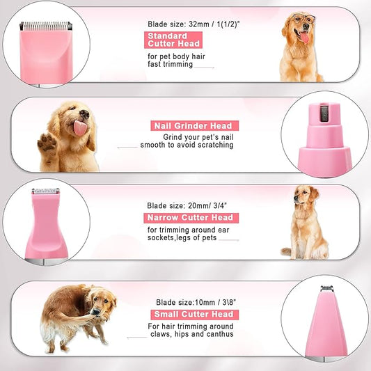 Veeconn Dog Grooming Clippers Kit-Electric Rechargeable Cat Trimmer Tools-Cordless Quiet Pet Nail Paw Grinder-4 in 1 Multifunctional Low Noise Shaver-Razor for feet Face Ears Toenail Eye(Pink)