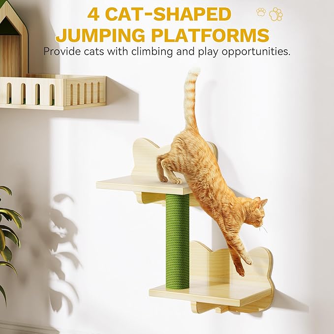 YITAHOME Cat Wall Shelves, Solid Wood Wall Mounted Cat Furniture with Green Wall House and Fence, Steps, Scratching Posts