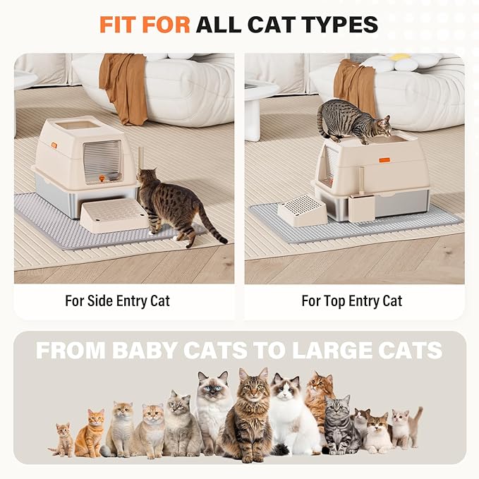 Removable Stainless Steel Cat Litter Box with lid, Front & Top Entry Kitty LitterBox,Cat Litter Box Enclosure, XL Extra Large High-Sided Metal Cat Box with Scoop,Mat,Footboard (Cream)