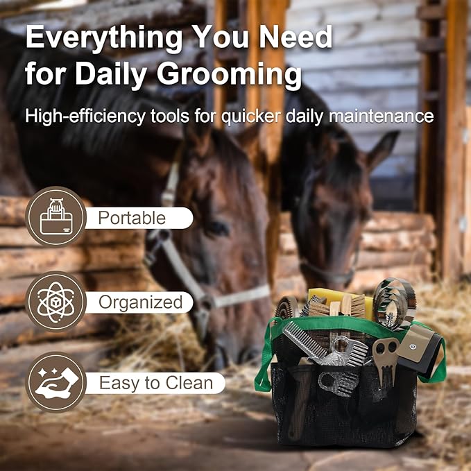 Swess Horse Grooming Kit 14 Pieces, Horse Brushes Set for Grooming & Bathing Supplies, Professional Horse Supplies with Mane & Tail Comb, Curry Comb, Hoof Pick, Gloves & Mesh Tote Bag for Equine Care
