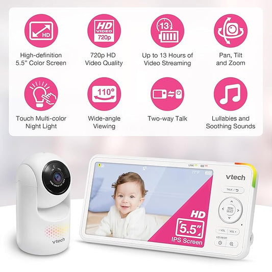 VTech Advanced HD Baby Monitor – 5.5" 720P IPS Screen, Pan-Tilt-Zoom Camera, No WiFi, Long Battery, Night Light, 2-Way Talk, Lullabies, Soothing Sounds