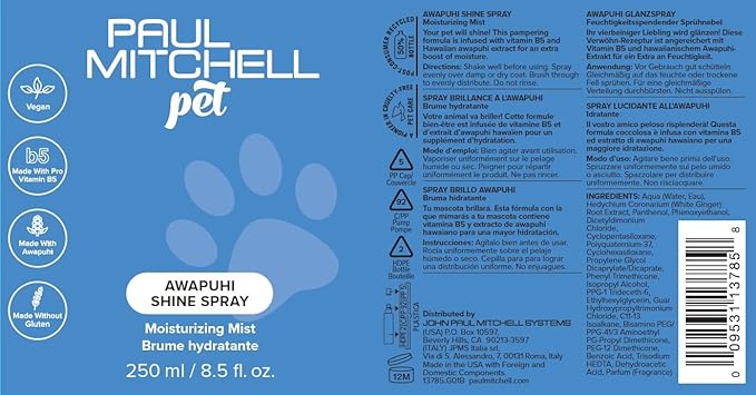 Paul Mitchell Pet Awapuhi Shine Spray, Moisturizing Mist, Grooming Spray for Dogs, 8.5 fl oz