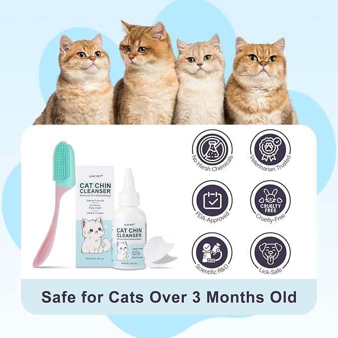 Cat Chin Cleanser Set | Feline Facial Solution for Acne & Blackheads with Brush and Pads - Purifies, Calms & Maintains Healthy Skin, 2.2 fl oz