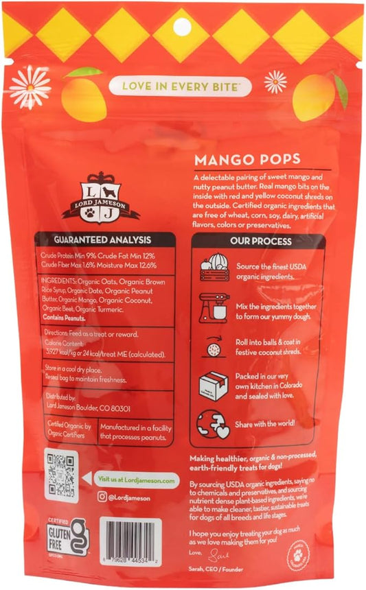 Lord Jameson: Mango Pops 6 oz - Dog Patisserie Treats, Organic Soft & Chewy No-Bake Bites, Fiber-Packed, Plant Based, Gluten & Preservative Free
