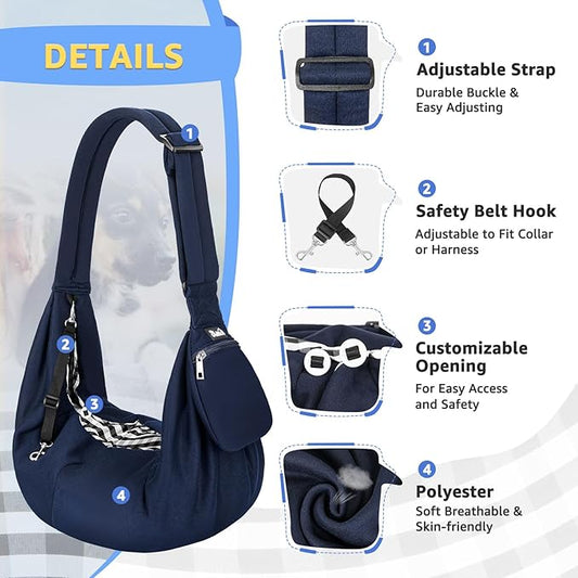SlowTon Dog Carrier Sling - Thick Padded Shoulder Strap Adjustable Dog Carriers for Small Dogs, Puppy Carrier Purse for Pet Cat with Front Zipper Pocket Safety Belt Machine Washable (Navy Knitted, S)