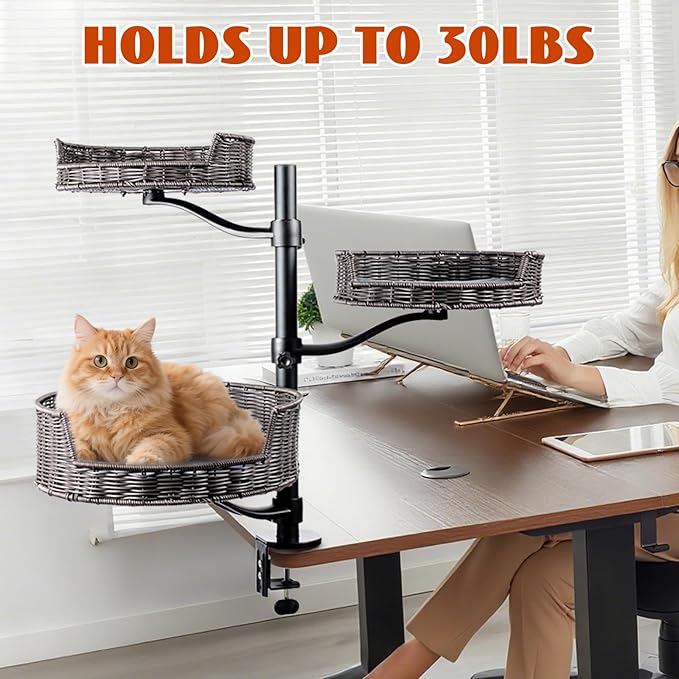 Niubya Cat Desk Bed Mount with Adjustable Height,Rattan Cat Desk Perch Supports 30 Lbs,360°Rotation Desktop Kitty Attachment for Indoor Home Office,3 Bed